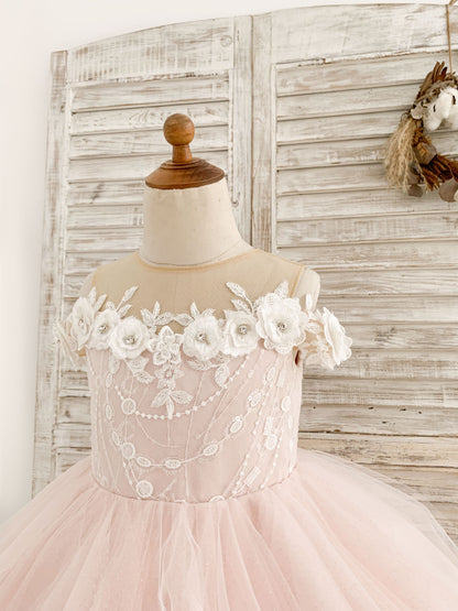 Off-Shoulder Pink Tulle Ruffle Wedding Flower Girl Dress Kids Birthday Gown