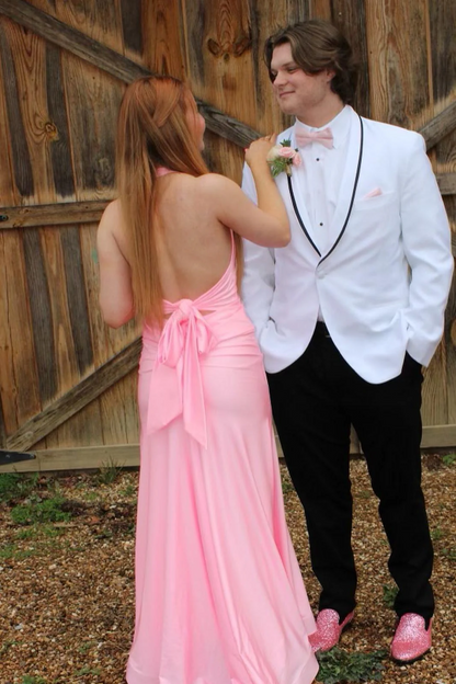 Halter Mermaid Satin Pleated Sleeveless Long Prom Dress with Slit