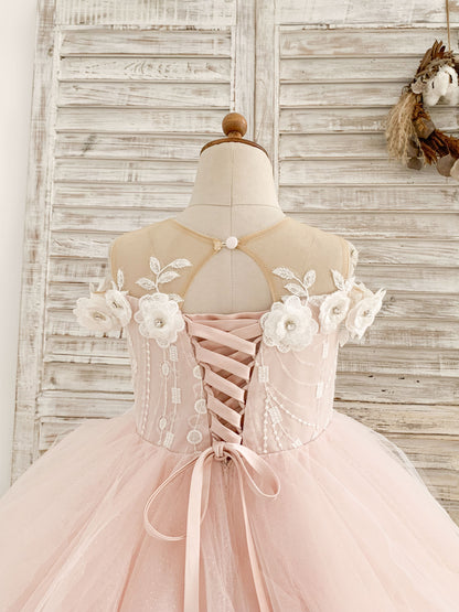 Off-Shoulder Pink Tulle Ruffle Wedding Flower Girl Dress Kids Birthday Gown