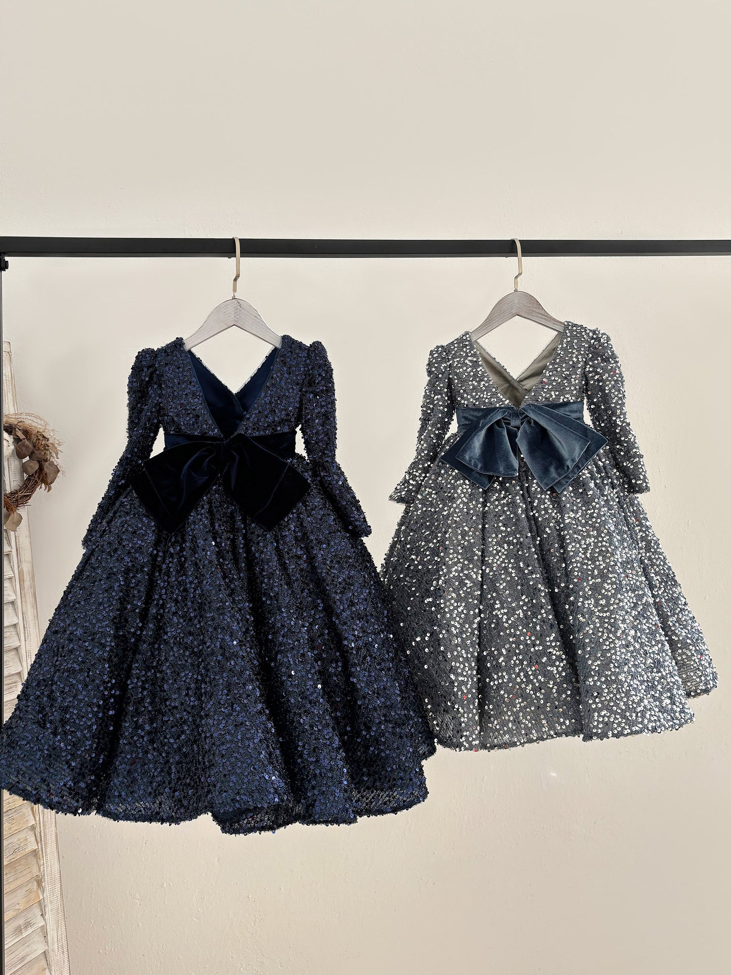 Long Sleeve V Neck Knee Length Navy Sequin Birthday Party Flower Girl Dress