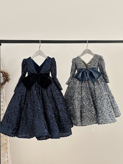 Long Sleeve V Neck Knee Length Navy Sequin Birthday Party Flower Girl Dress