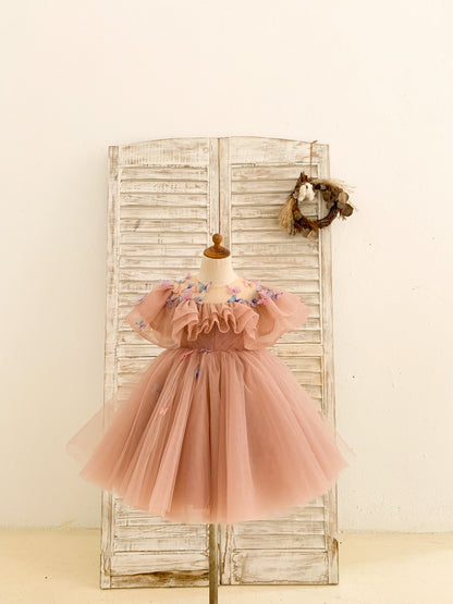 3D Butterflies Mauve Tulle Ruffles Wedding Flower Girl Dress Birthday Party