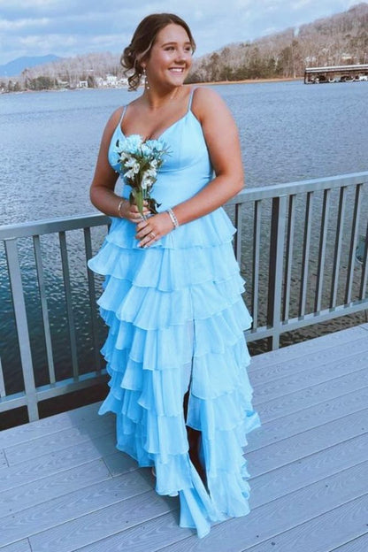 Straps Ruffle A-Line Long Prom Dress with Slit