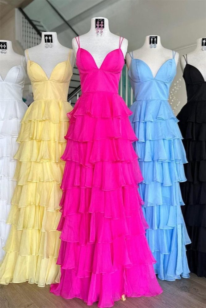 Straps Ruffle A-Line Long Prom Dress with Slit