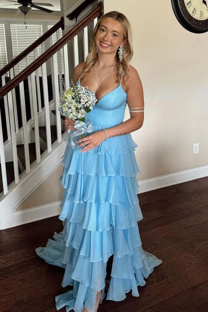 Straps Ruffle A-Line Long Prom Dress with Slit