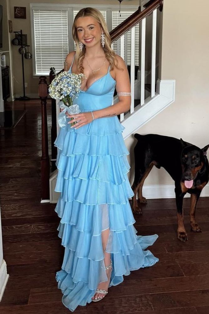 Straps Ruffle A-Line Long Prom Dress with Slit