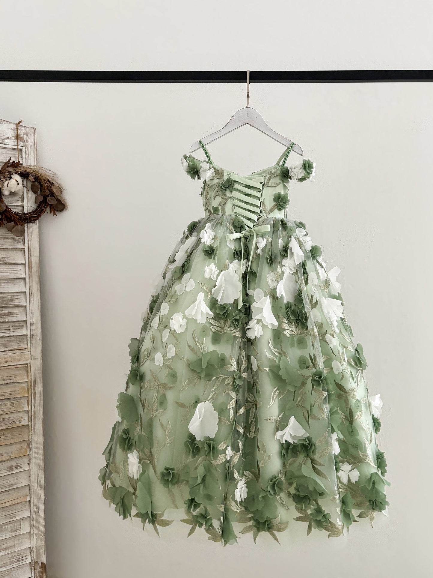Green 3D Lace Flower Tulle Floor Length Wedding Flower Girl Dress Kids Pageant Gown