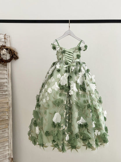 Green 3D Lace Flower Tulle Floor Length Wedding Flower Girl Dress Kids Pageant Gown