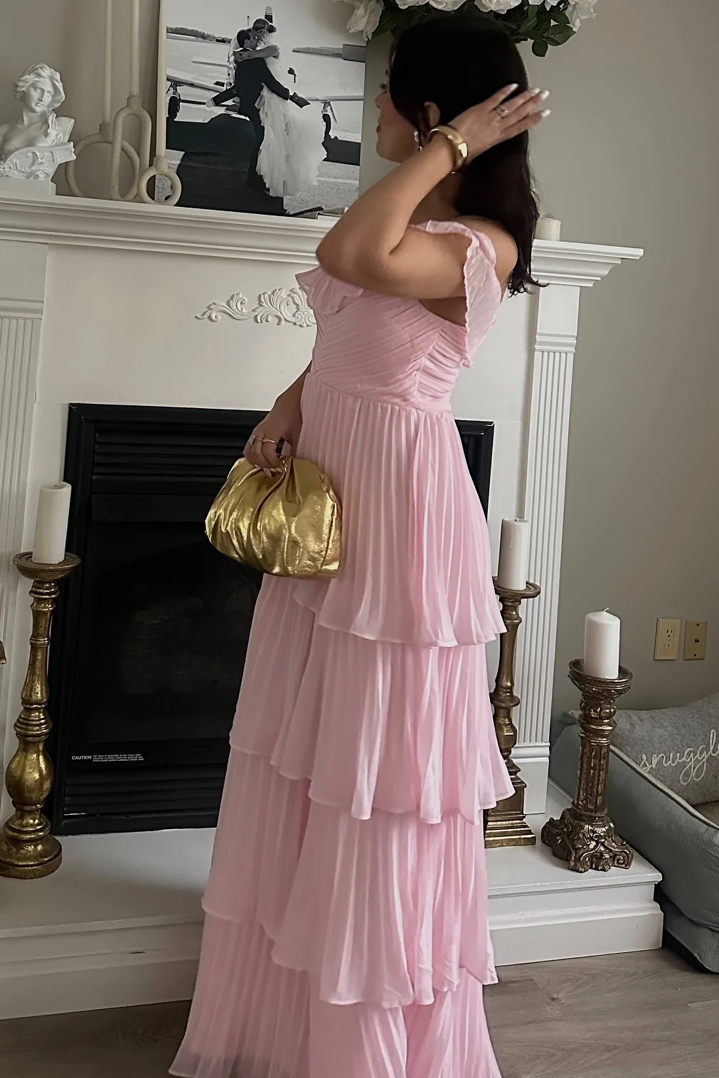 Off-Shoulder A-Line Pleated Empire-Waist Ruffles Long Formal Prom Dress