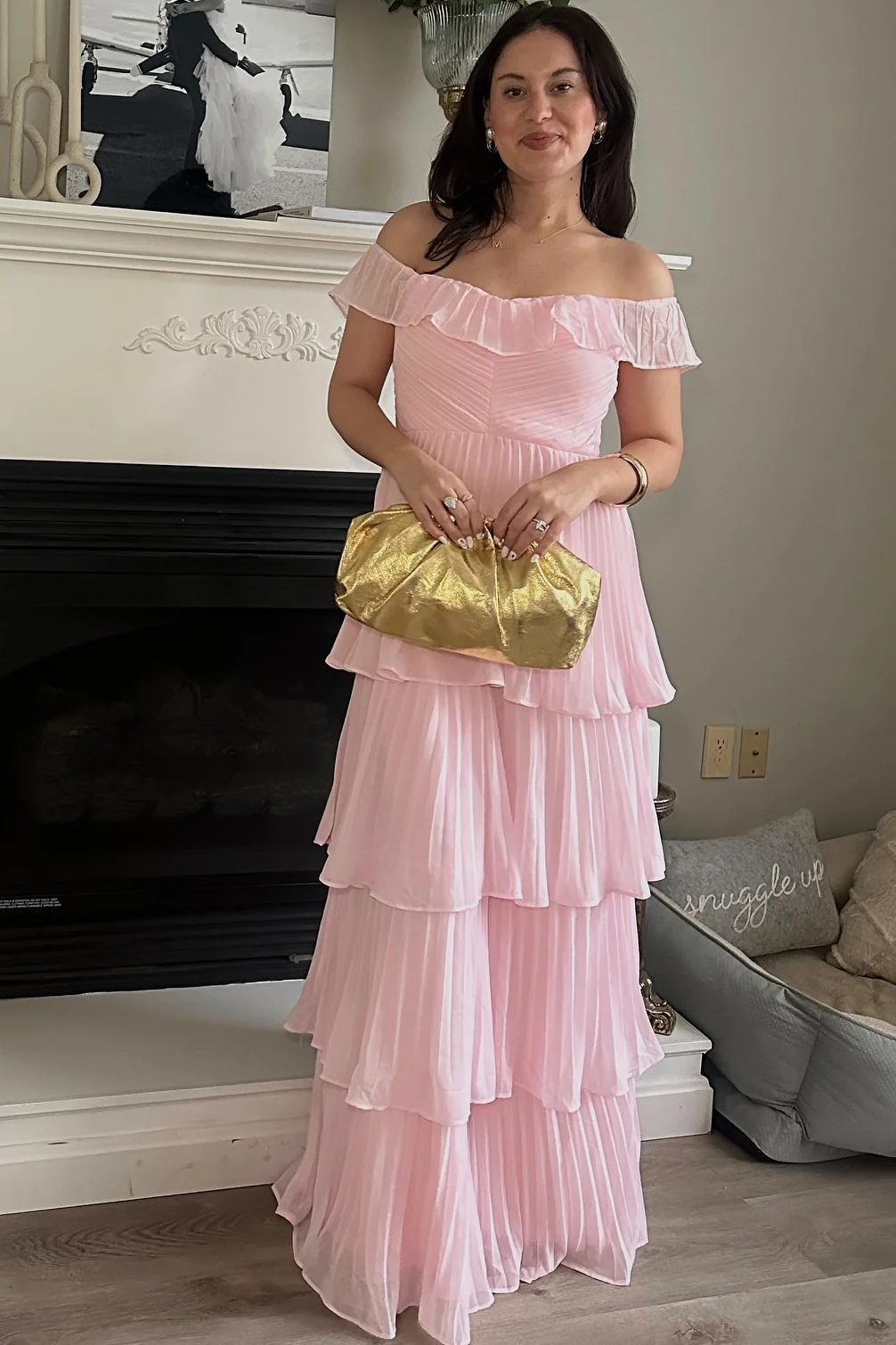 Off-Shoulder A-Line Pleated Empire-Waist Ruffles Long Formal Prom Dress