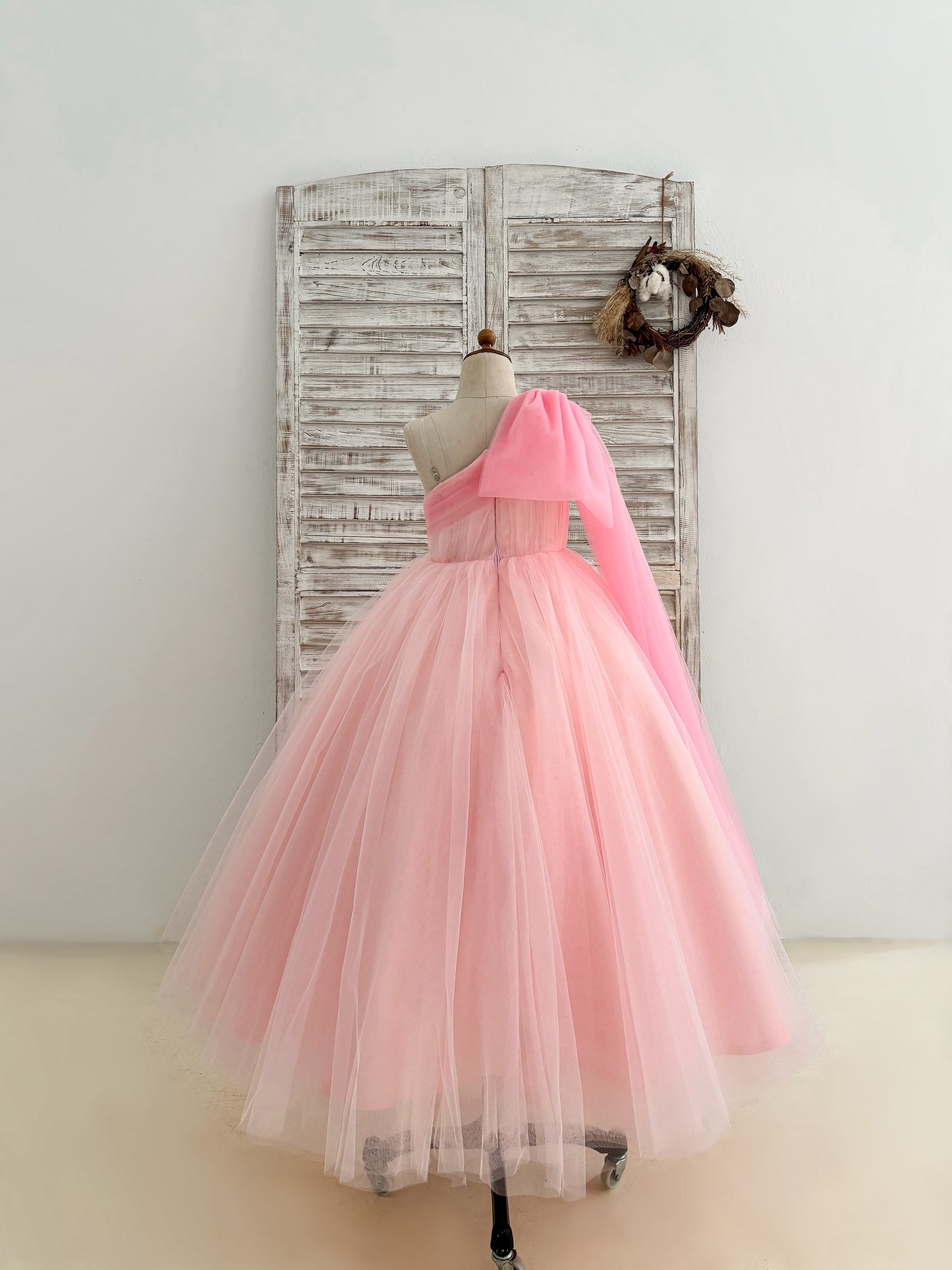 Ball Gown One Shoulder Draped Pink Tulle Flower Girl Dress Pageant Party