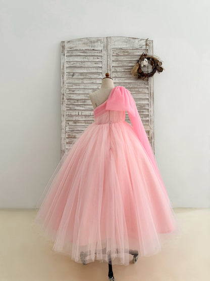 Ball Gown One Shoulder Draped Pink Tulle Flower Girl Dress Pageant Party