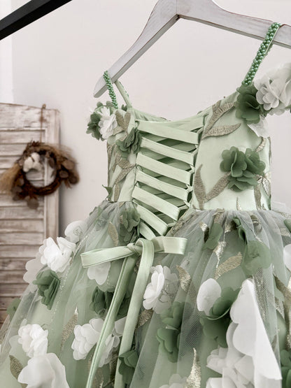 Green 3D Lace Flower Tulle Floor Length Wedding Flower Girl Dress Kids Pageant Gown