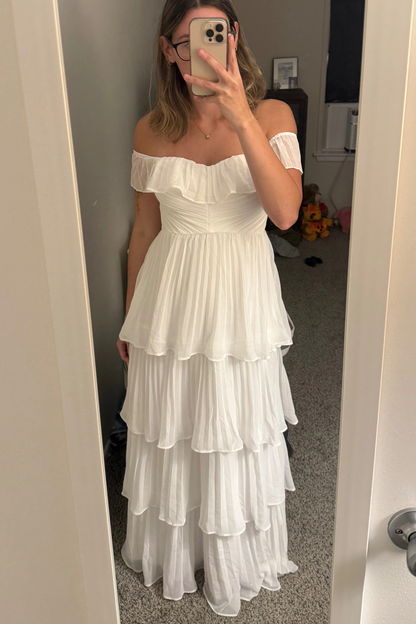 Off-Shoulder A-Line Pleated Empire-Waist Ruffles Long Formal Prom Dress