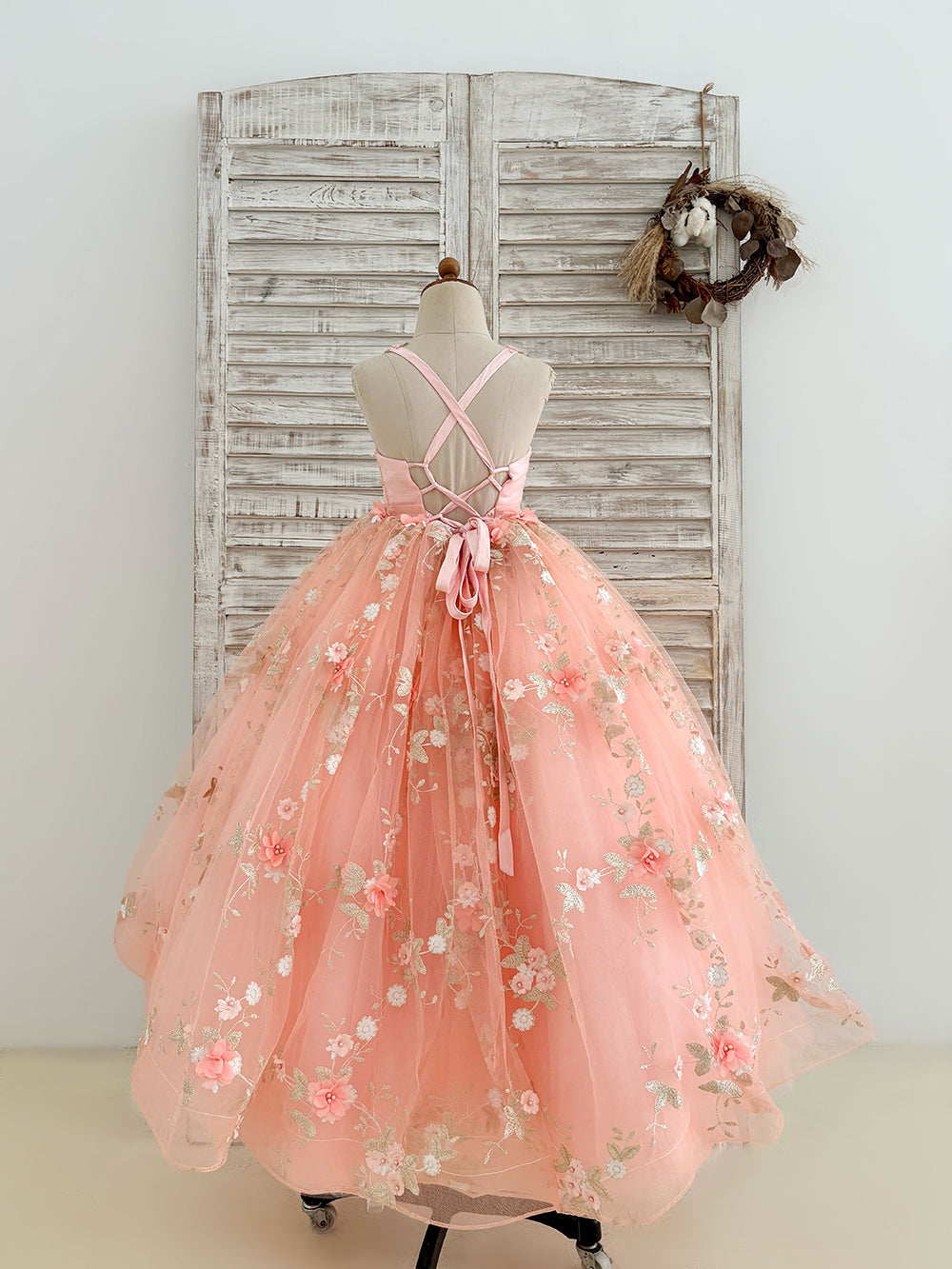 3D Flowers Pink Tulle Sweetheart Wedding Flower Girl Dress Kids Pageant Gown