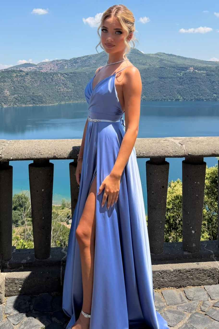 A-Line Spaghetti Straps V-Neck Empire-Waist Satin Prom Dress with Slit