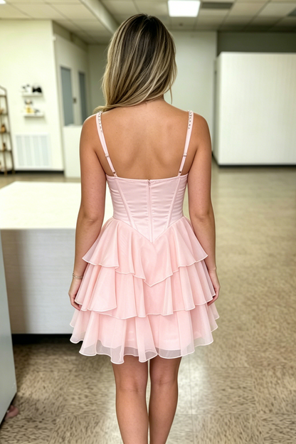 Square Neck Empire-Waist Ruffled Chiffon Short Homecoming Dress