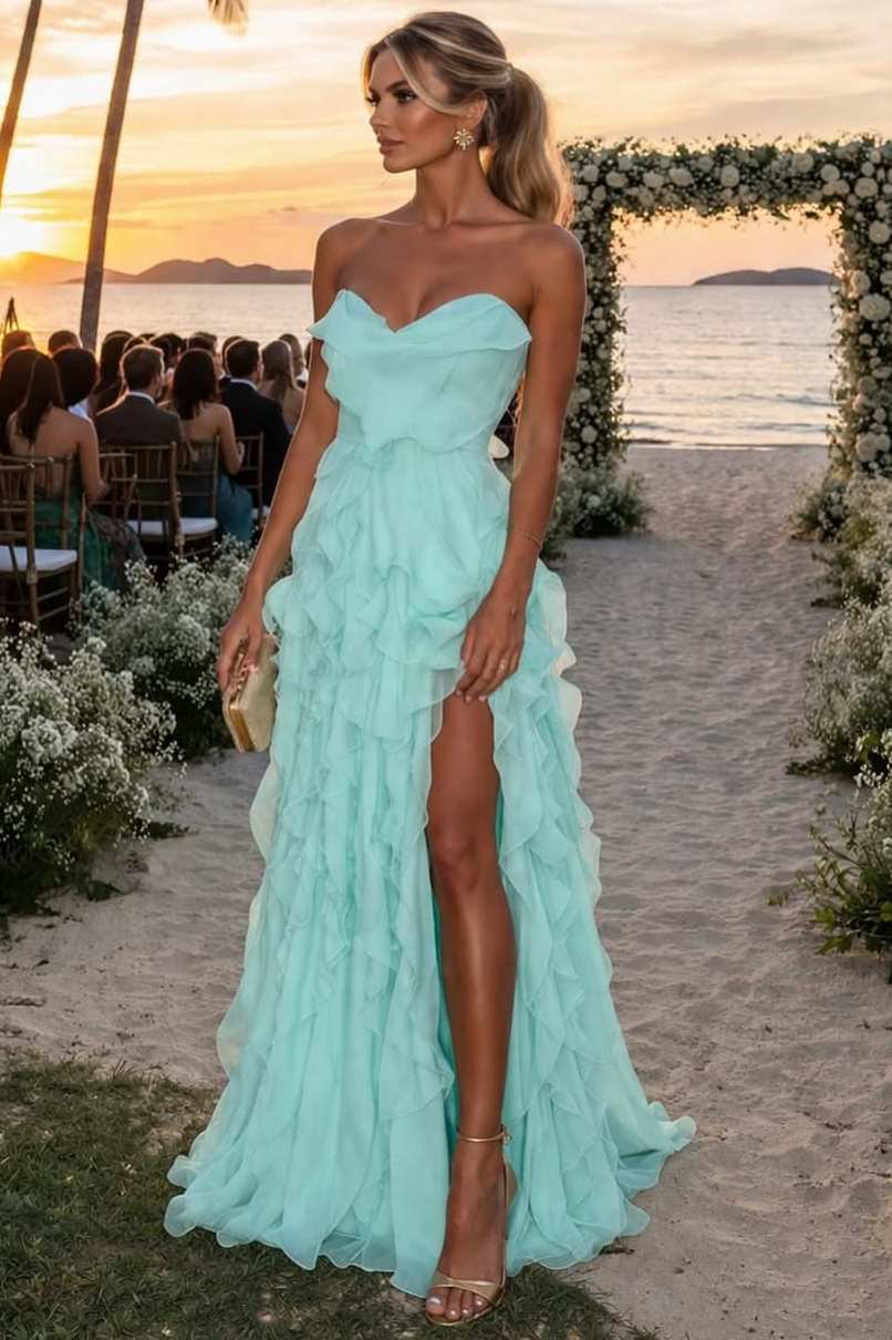 Strapless Sweetheart A-Line Long Prom Dress with Ruffles and Slit