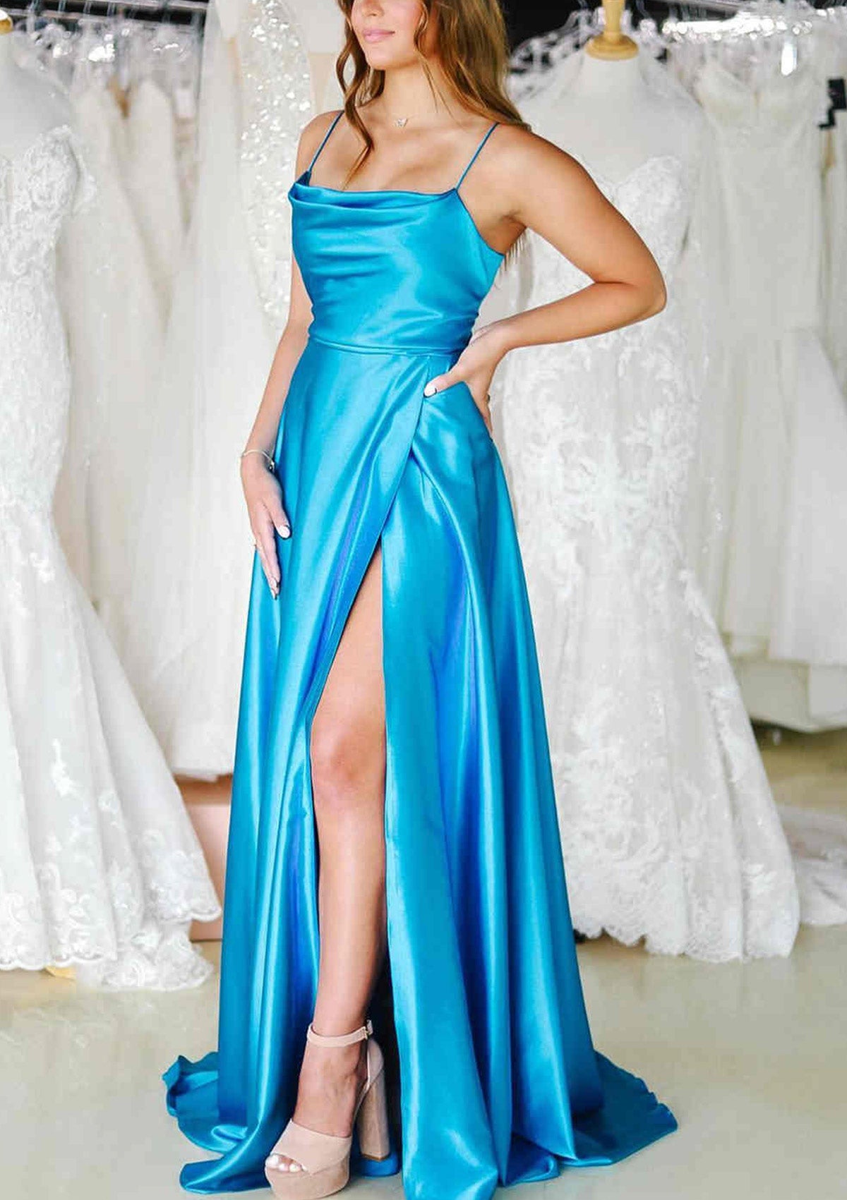 A-line Long Prom Gown Cowl Neck Spaghetti Straps Sweep Train Charmeuse Split Pockets