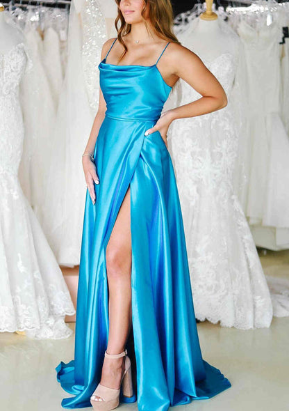 A-line Long Prom Gown Cowl Neck Spaghetti Straps Sweep Train Charmeuse Split Pockets