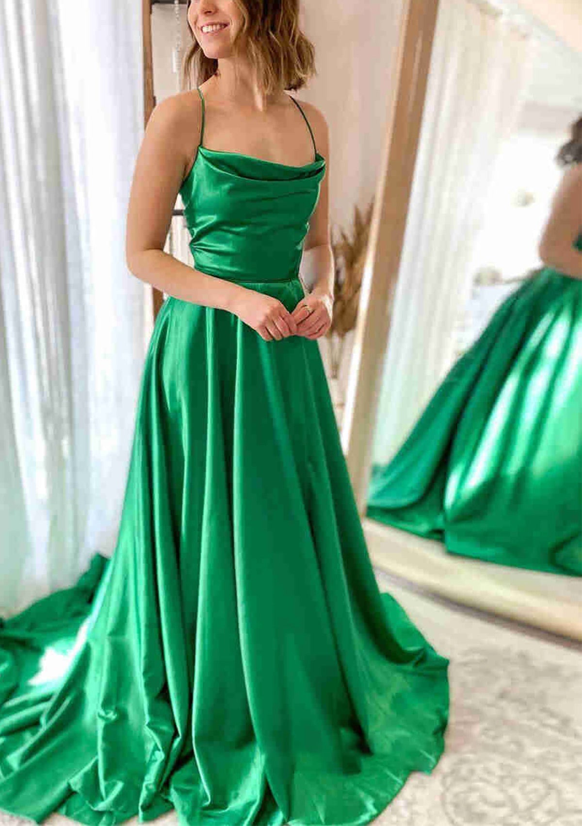 A-line Long Prom Gown Cowl Neck Spaghetti Straps Sweep Train Charmeuse Split Pockets
