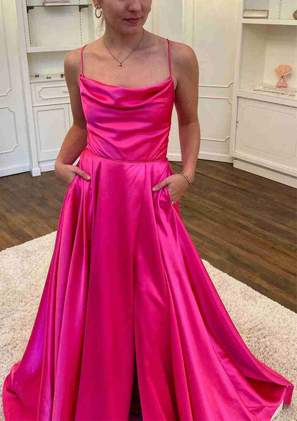 A-line Long Prom Gown Cowl Neck Spaghetti Straps Sweep Train Charmeuse Split Pockets