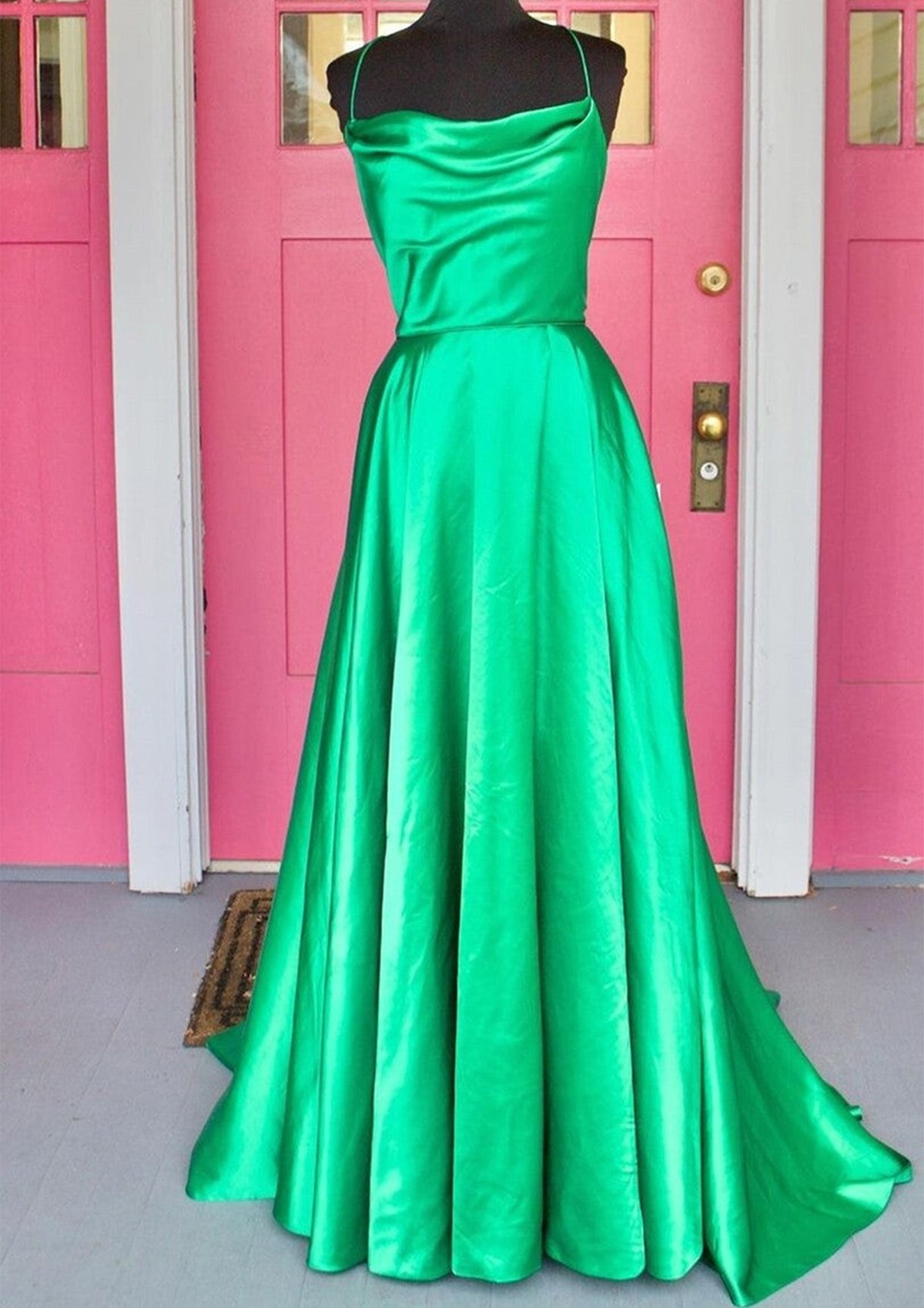 A-line Long Prom Gown Cowl Neck Spaghetti Straps Sweep Train Charmeuse Split Pockets