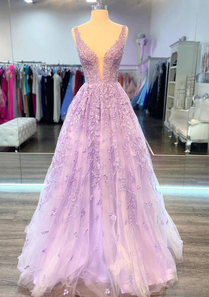 A-line Lace Prom Gown Plunging Sleeveless Floor-Length Lilac Beading