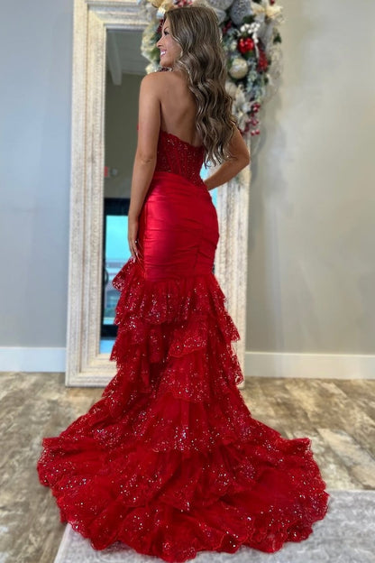 Mermaid Prom Dress Strapless V-Neck Pleated Layered Red Sequined Satin, Slit