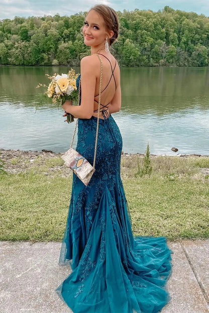 Mermaid Prom Dress Scoop Neck Straps Sleeveless Floor Length Teal Blue Lace Tulle