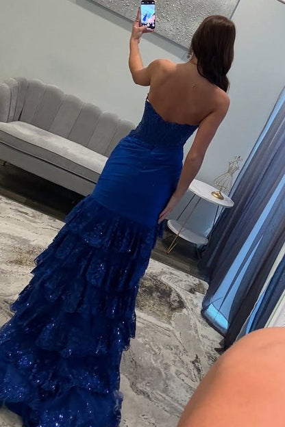 Mermaid Prom Dress Strapless V-Neck Pleated Layered Red Sequined Satin, Slit