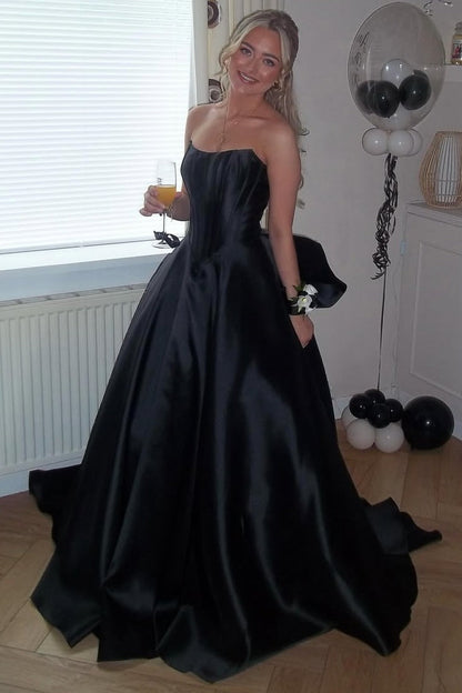 Black A-Line Empire-Waist Strapless Satin Prom Dress with Bow