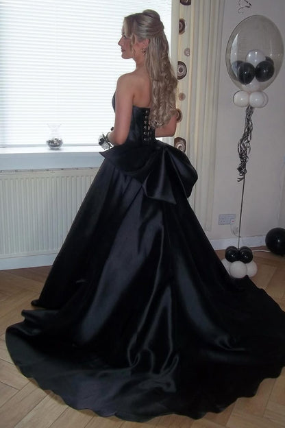 Black A-Line Empire-Waist Strapless Satin Prom Dress with Bow
