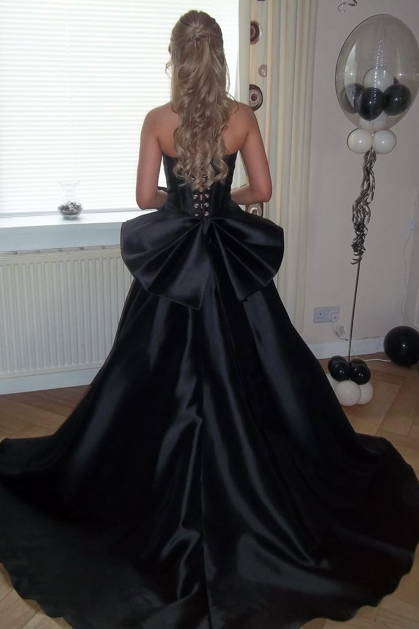 Black A-Line Empire-Waist Strapless Satin Prom Dress with Bow