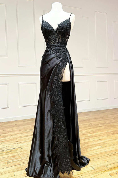 Sheath Long Prom Gown Spaghetti Straps V-Neck Lace-Up Black Satin Lace Appliques Slit