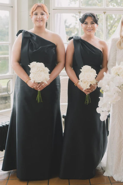 Mermaid Bridesmaid Dress Light Blue Satin One Shoulder Bow Strap Floor Length