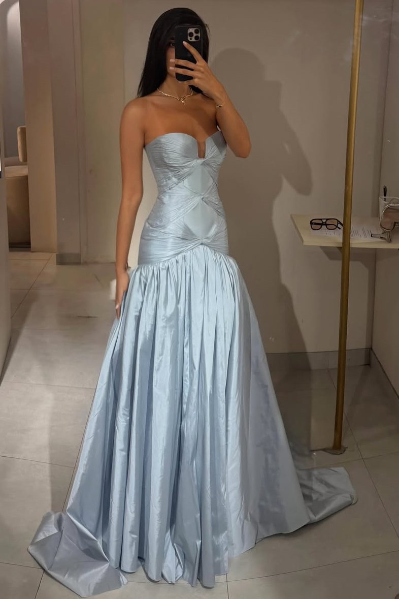 Blue A-Line Strapless Empire-Waist Sleeveless Long Prom Dress