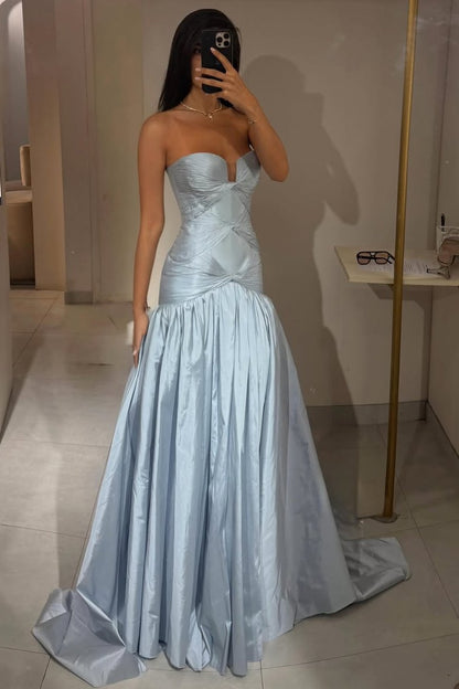 Blue A-Line Strapless Empire-Waist Sleeveless Long Prom Dress