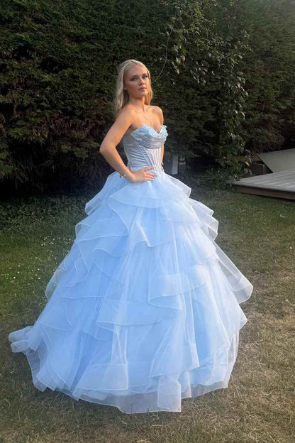 Blue A-Line Strapless Empire-Waist Ruffles Long Prom Dress