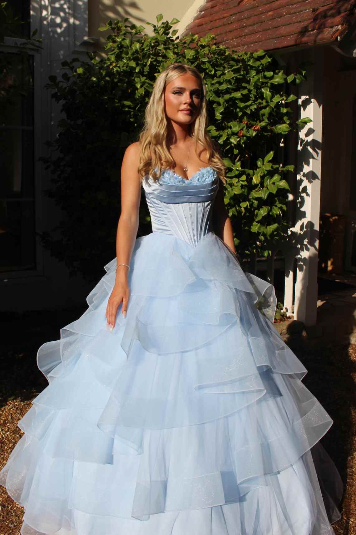 Blue A-Line Strapless Empire-Waist Ruffles Long Prom Dress
