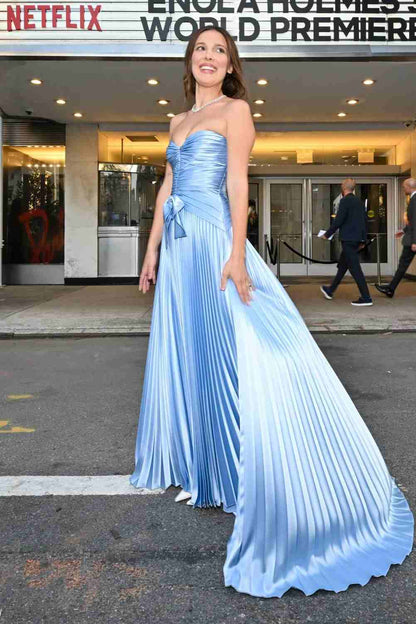 A-Line Strapless Sweetheart Pleated Sleeveless Long Prom Dress Blue