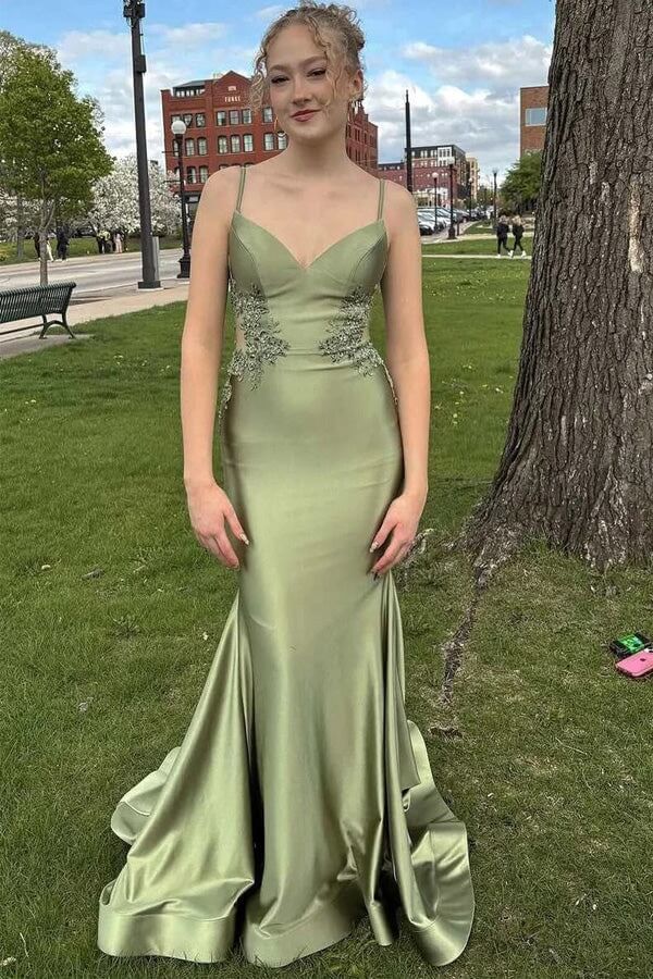 Satin Mermaid Spaghetti Straps Backless Long Prom Dress