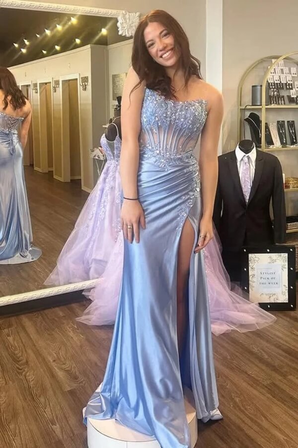 Strapless Mermaid Lace Appliqué Satin Prom Dress with Slit