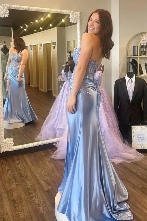 Strapless Mermaid Lace Appliqué Satin Prom Dress with Slit
