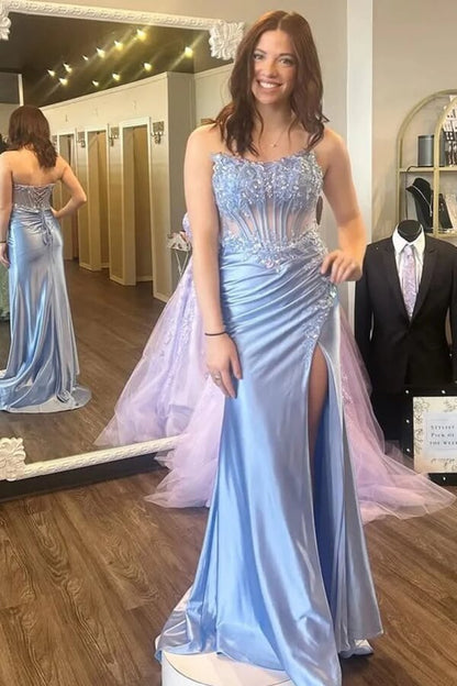 Strapless Mermaid Lace Appliqué Satin Prom Dress with Slit