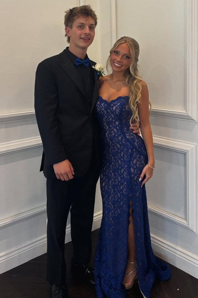 Strapless Mermaid Sweetheart Lace Prom Dress with High Slit