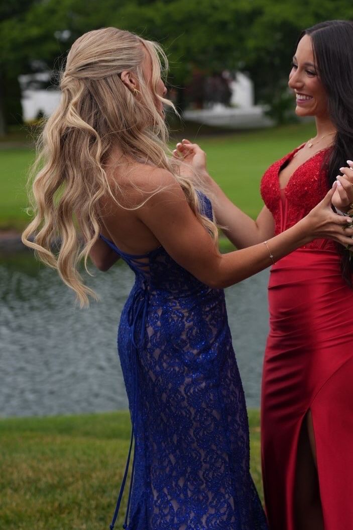 Strapless Mermaid Sweetheart Lace Prom Dress with High Slit