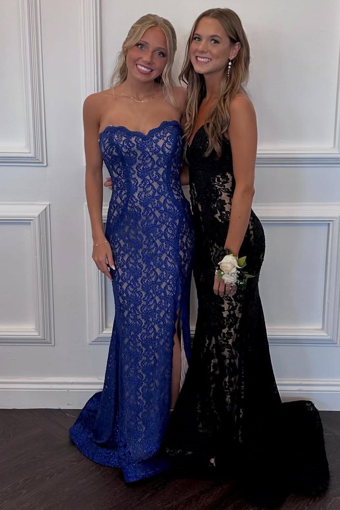 Strapless Mermaid Sweetheart Lace Prom Dress with High Slit