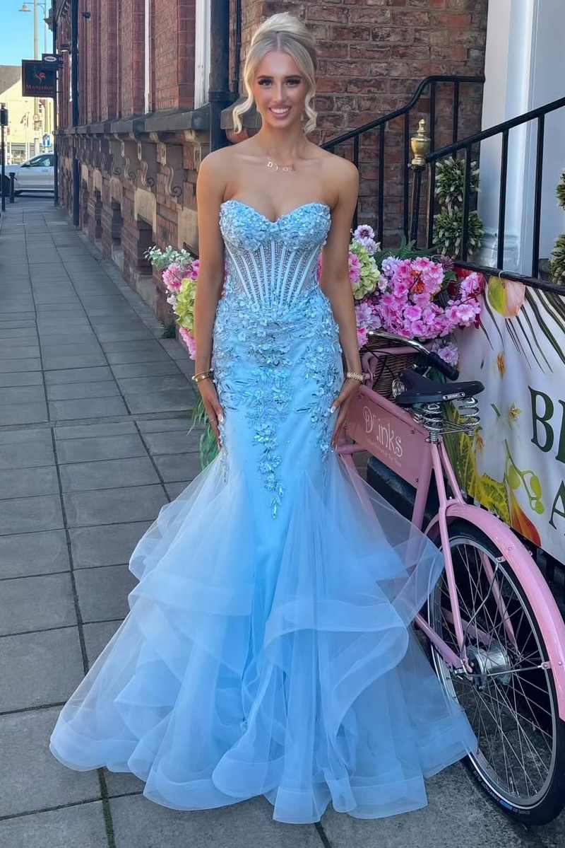 Strapless Sweetheart Ruffles Appliques Long Prom Dress Blue