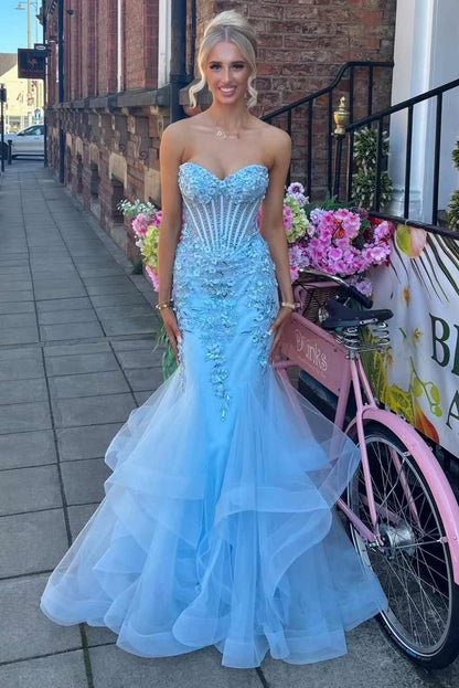 Strapless Sweetheart Ruffles Appliques Long Prom Dress Blue